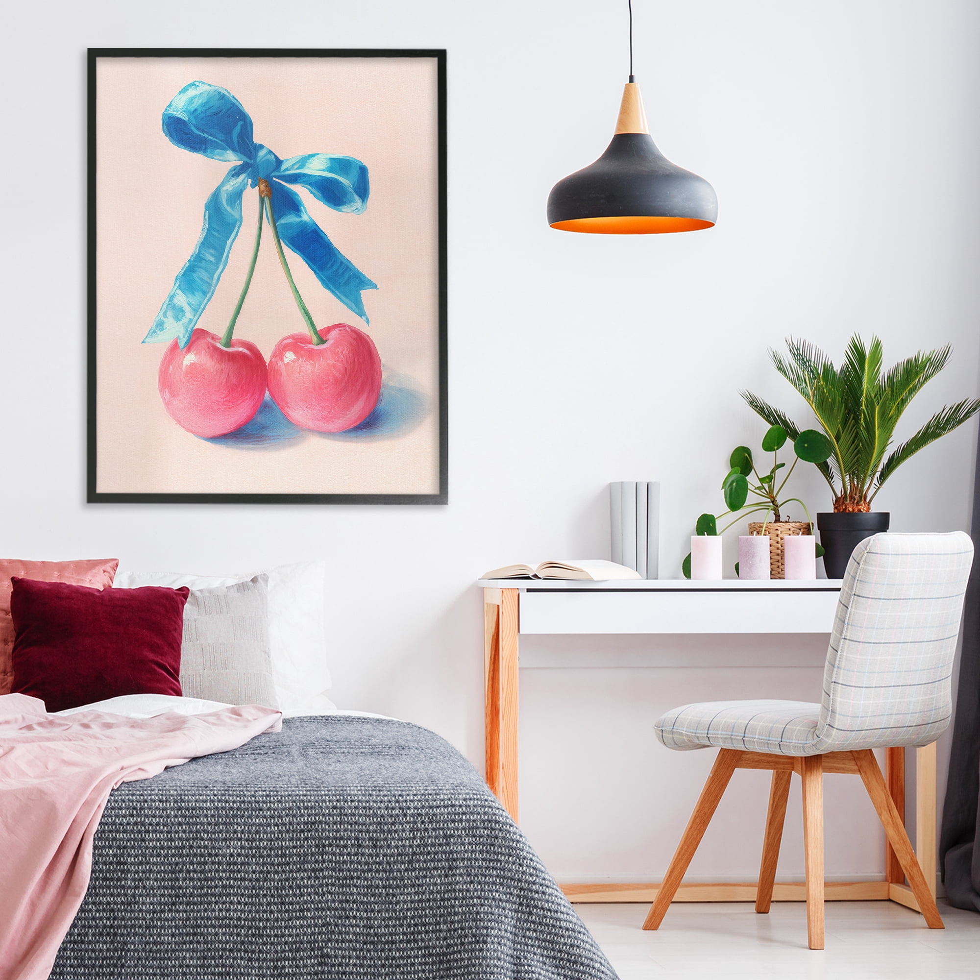 Stupell Industries Twin Cherries with Blue Ribbon Black Framed Giclee Art, design by Imagine It Images