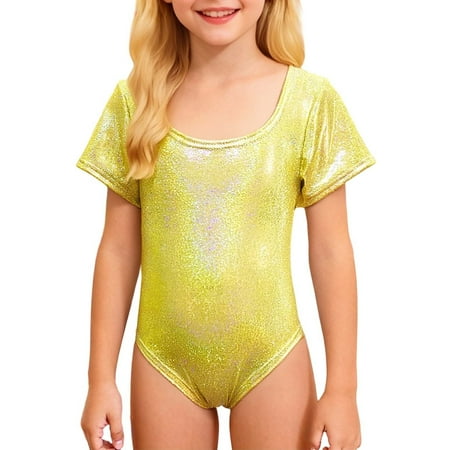 Daznico Girls Latin Dance Gymnastics Leotard Shiny Rhinestone Short Sleeve Unitard Performance Training for Competition Stage Shows Mardi Gras Clothing 140