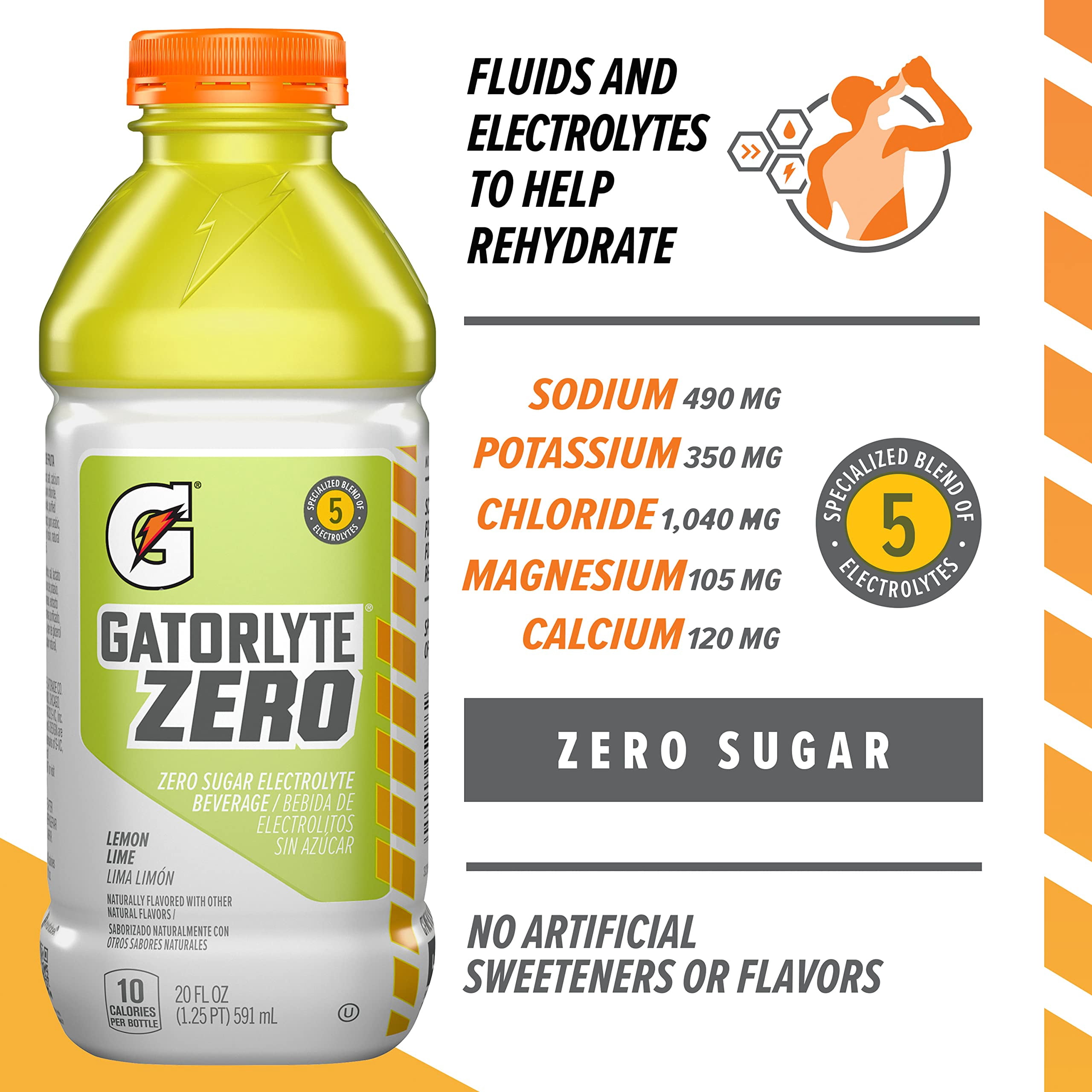 Pack of 2 - Gatorlyte Zero Electrolyte Beverage, Lemon Lime, Zero Sugar Hydration, Specialized Blend Of 5 Electrolytes, No Artificial Sweeteners Or Flavors, 20 Fl Oz Bottles (Pack Of 12)