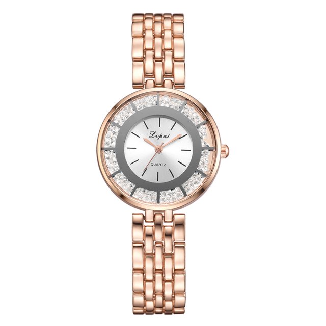 Reloj de pulsera elegante de cuarzo con correa de aleación y esfera grande para mujer (oro rosa + blanco)