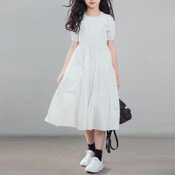 FRSASU Girl's Midi Dress Fashion Short Sleeve Casual A-Line Tiered Dress Solid Color Loose Fit Summer Outfit 5-16 Years White