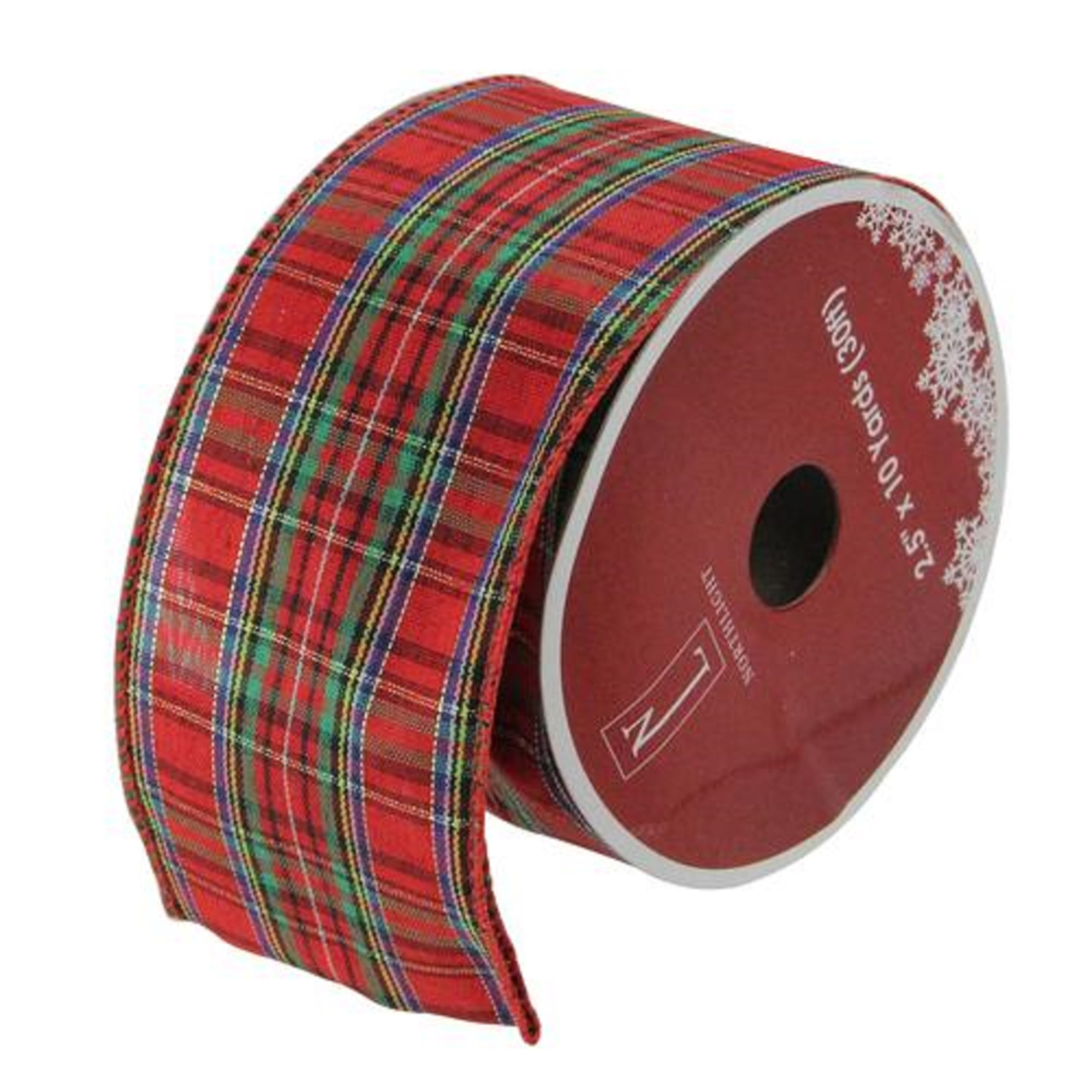 Yellow Blue and White Plaid Christmas Wired Ribbon 2.5 Inches Wide 25 Foot Spool Red Black