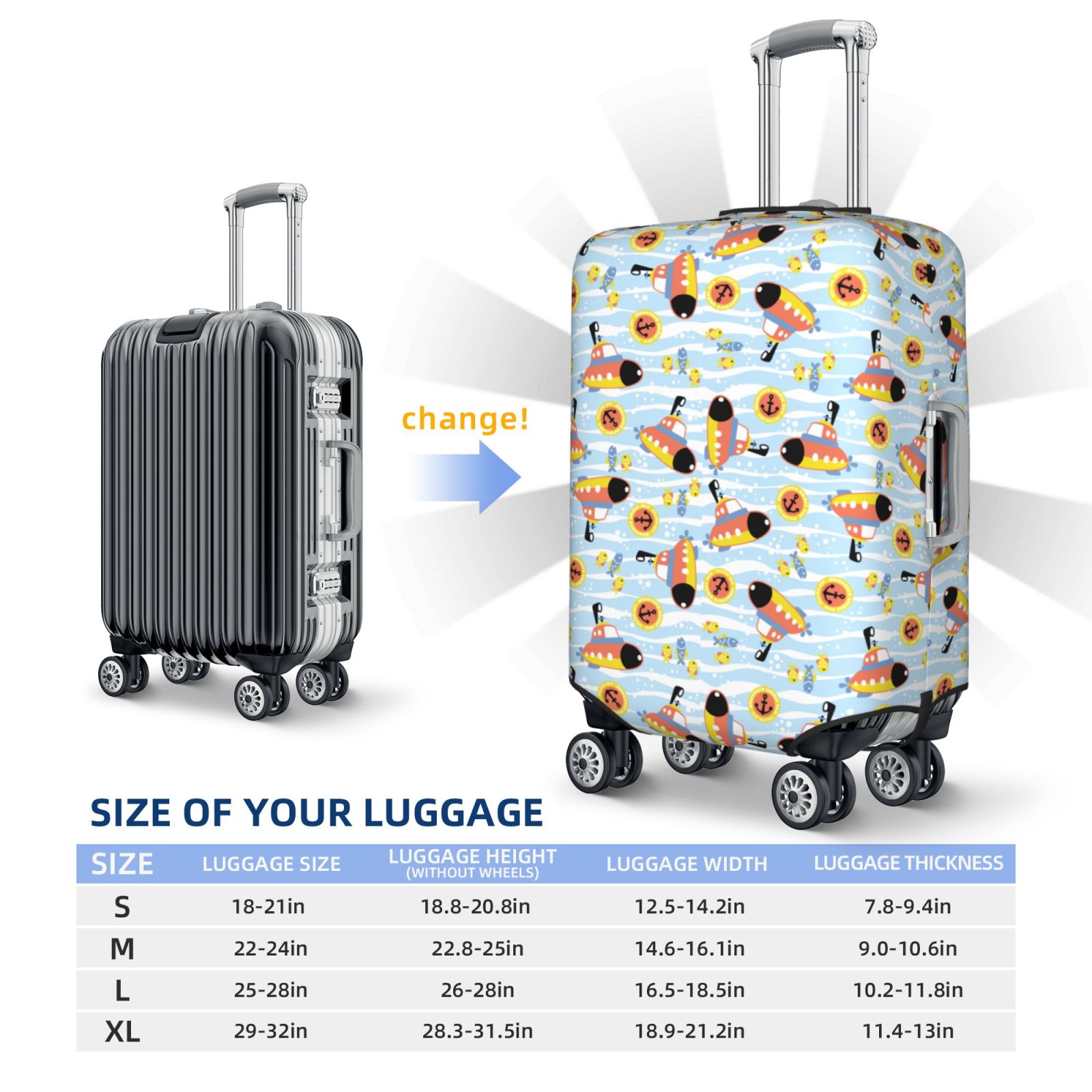 Hirioo Submarine With Fishes Undersea for Elasticity Suitcase Cover (No luggage Included) Durable Luggage Protector Fits 18-32 Inch Luggage-Small