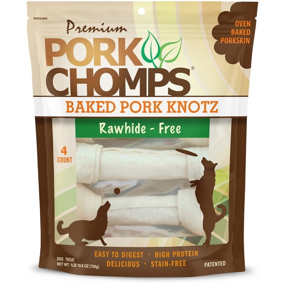 Pork Chomps Premium Rawhide-Free Baked Pork Skin Knotz for Dogs, 11 Inch, 4 Count