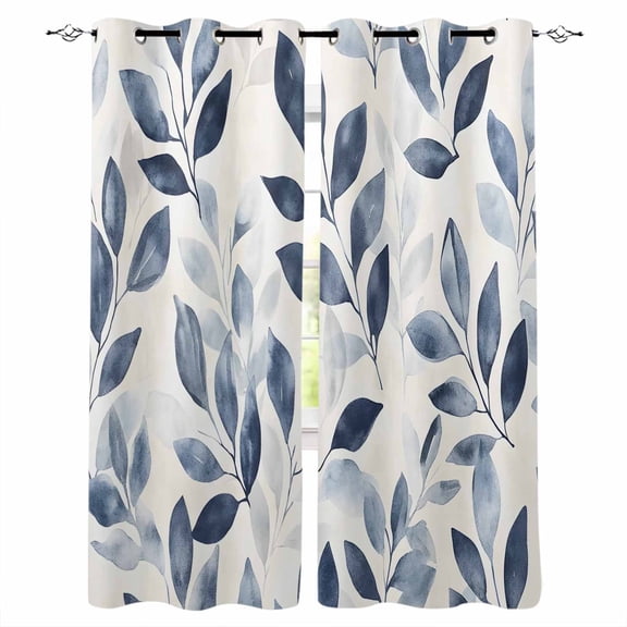 Navy Blue Botanical Blackout Curtains 45 Inches Long for Bedroom, Pastoral Spring Leaves Watercolor Thermal Insulated Room Darkening Black Out Window Curtain Panels Grommet Drapes for Living Room