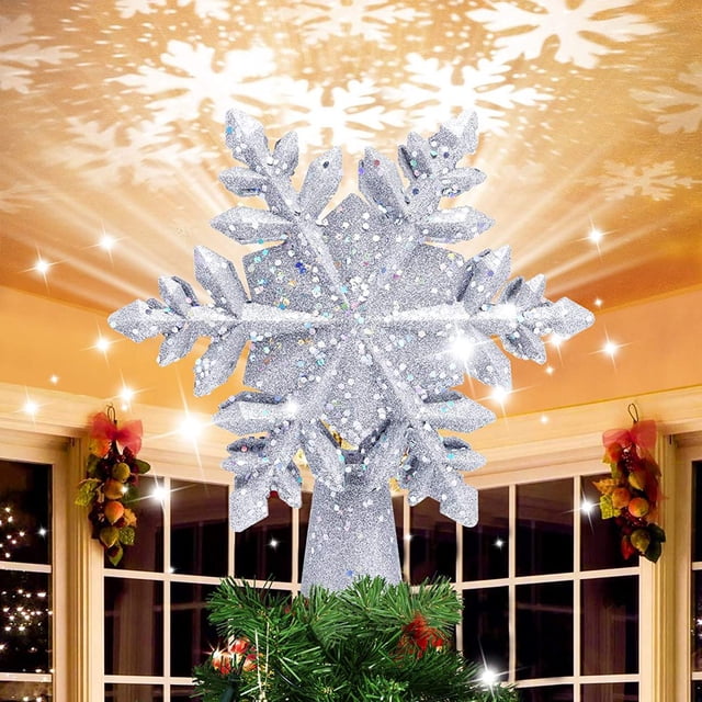 Winter Saving Christmas Tree Topper Snowflake Christmas Tree Topper Lighted with 3D Magic Rotating LED Hollow Glitter Projector Tree Toppers for home Christmas Decoration (Silver)