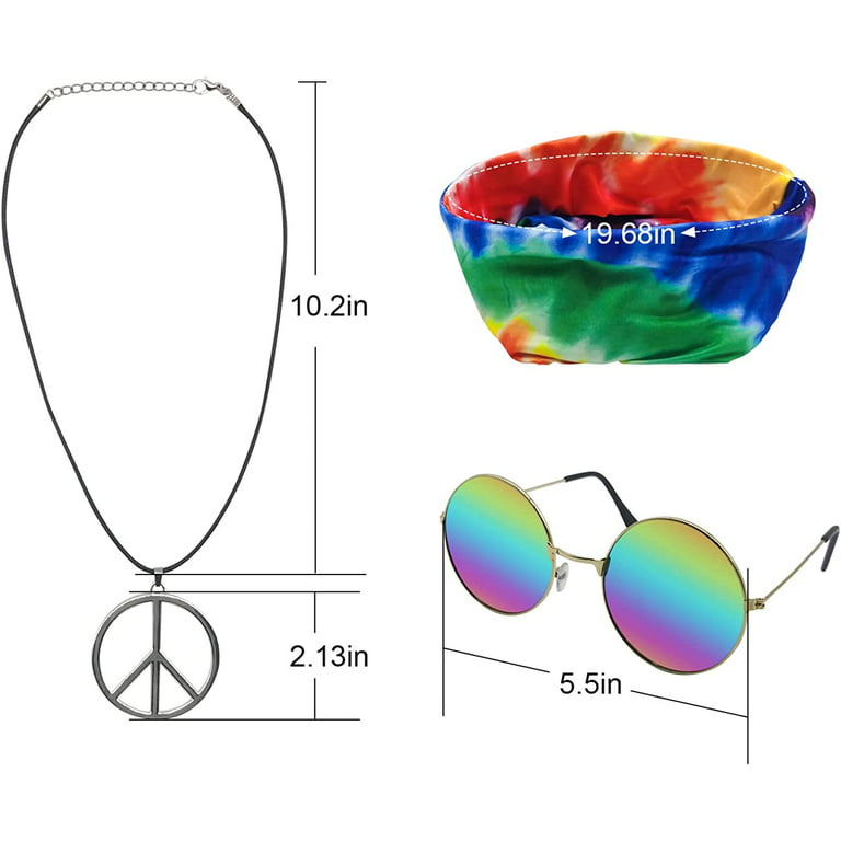 Hippie Costume for Men Women 60s and 70s colorful T-shirt sunglasses  headband Peace necklace 4-piece theme party.Medium 