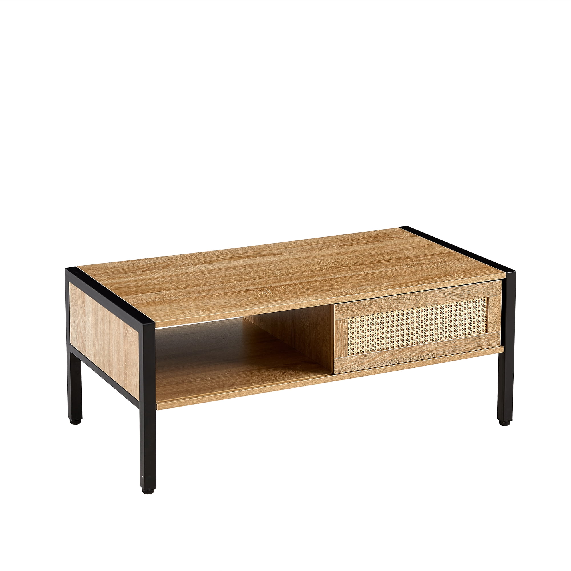 Euroco 40.16" Rattan Coffee table, sliding door for storage, metal legs, Modern table for living room , natural