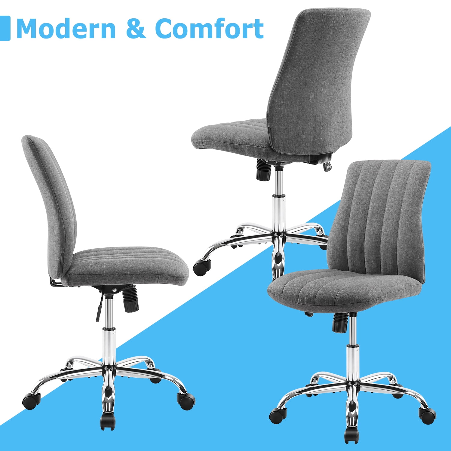 JOINSUN Mid-Back Vanity Chair, Adjustable Rolling Chair, Armless Modern Design for Home Office, Makeup & Small Spaces - Gray