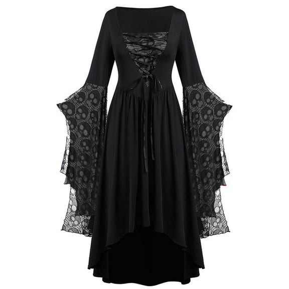 WREESH Halloween Dress Women's Large Size Sleeve Skull Lace Print Fashion Long Sleeve Bandage Retro Long Dress Black