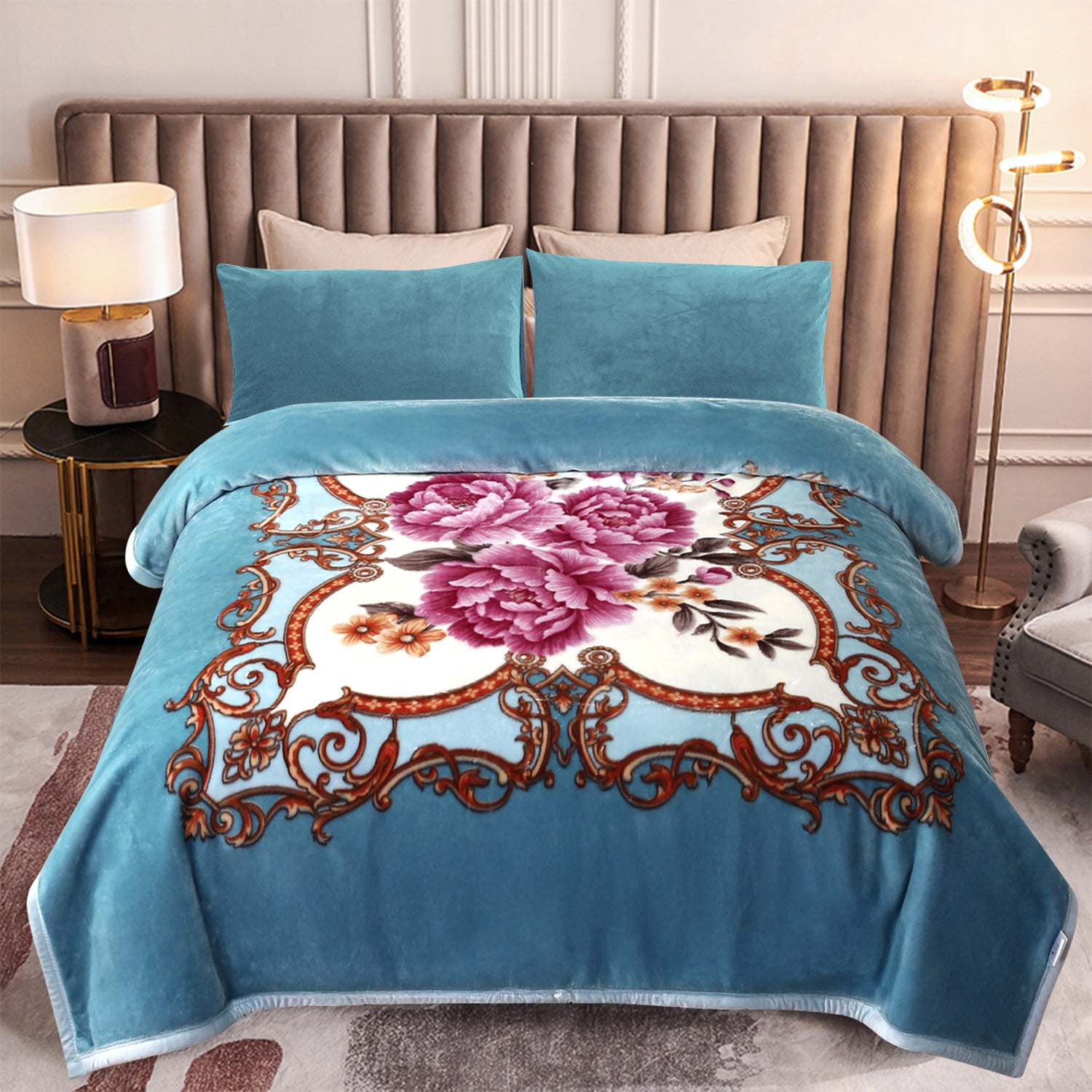 MERRY HOME Full/Queen Size Fleece Blanket For Bed, A & B Patterns Soft Warm Floral Blanket, Microfiber Plush Bed Blanket For All Season, Light Blue Background Pink Peony/ Peony, 5LB, 75"x87"