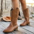 thumbnail image 3 of Rokment Womens Wide Calf Cowboy Boots Fashion Embroidered Leather Pointed Toe Chunky Block Heels Western Mid Calf Cowgirl Riding Boots Brown Size 9, 3 of 7