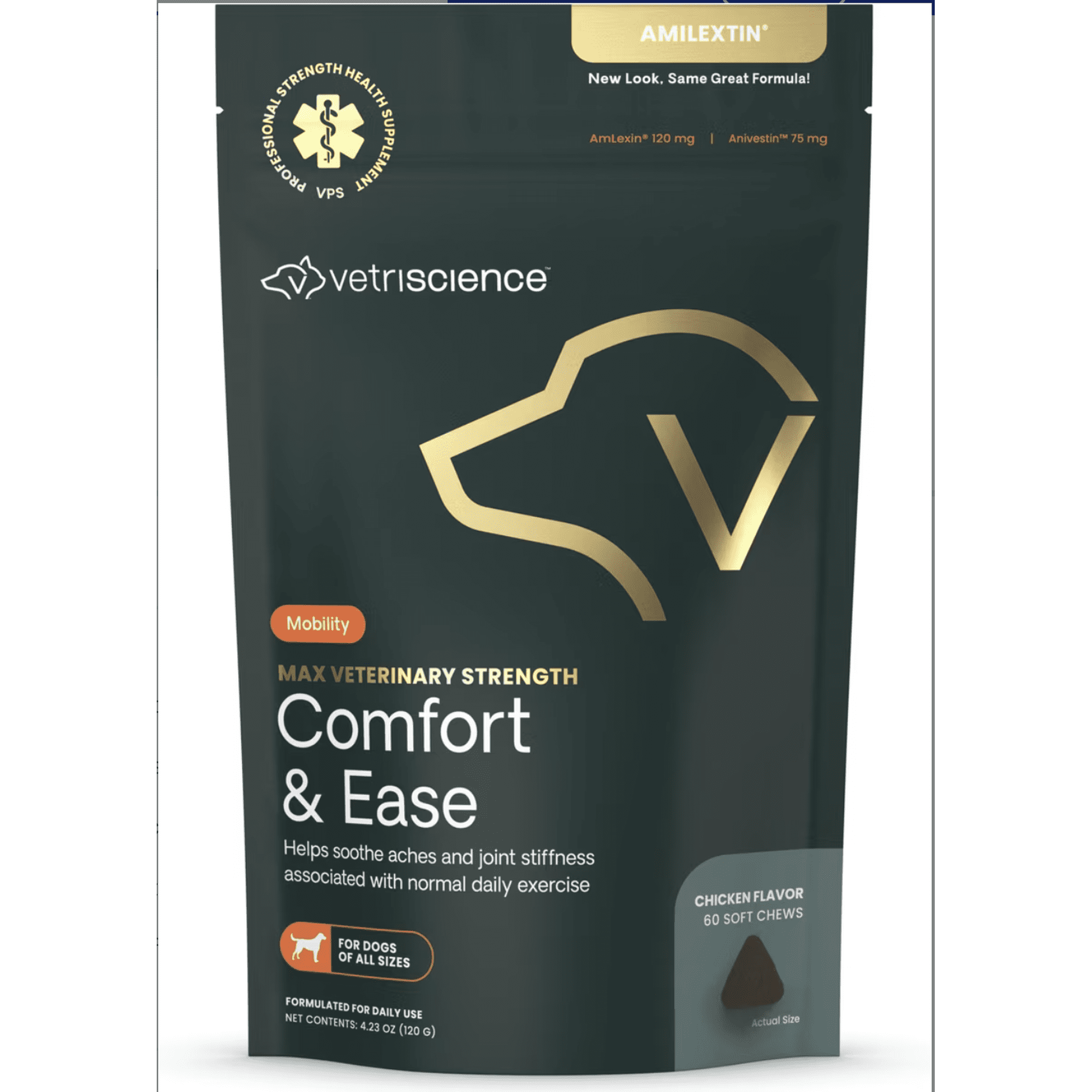 VetriScience Comfort & Ease Joint Support Chicken Liver Flavored Soft Chew Supplement with AmLexin for All Breed Dogs, 60 count