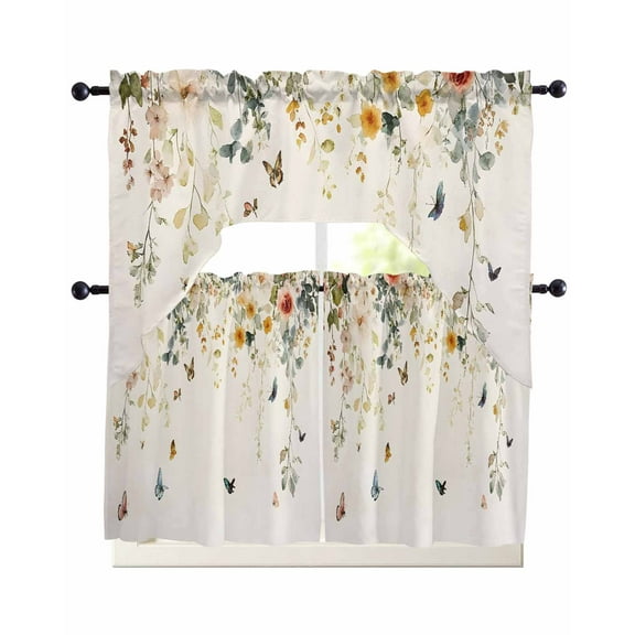Spring Floral Kitchen Curtains Swag Valance and Tier Curtains Set 24 Inch Length, Weeping Leaves Butterflies Rod Pocket Drape Panels Pair Swag Curtain for Bathroom/Cafe/Window