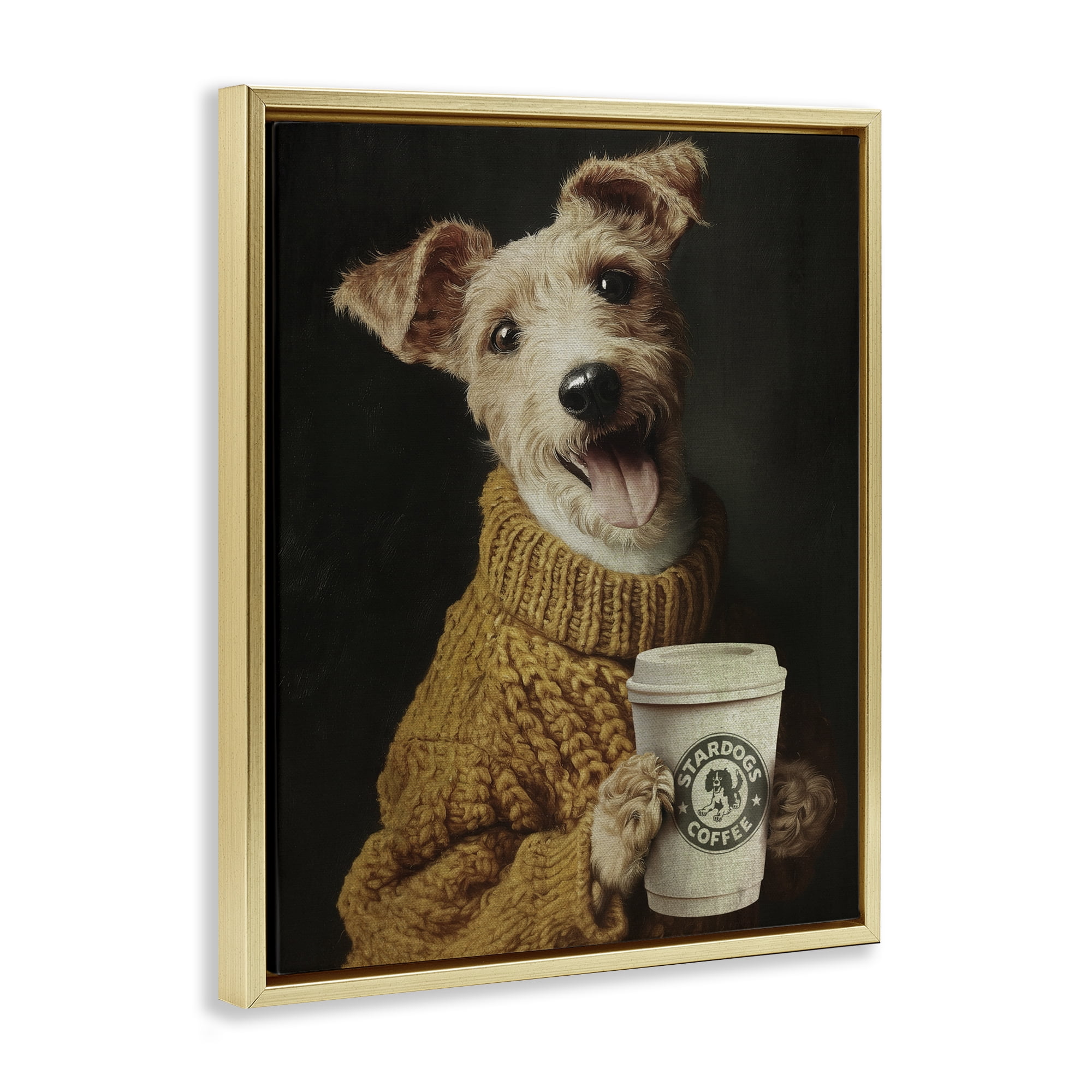 Stupell Industries Latte Lover Dog in Sweater Gold Framed Floater Canvas Wall Art, design by Svetlana Aleynikova