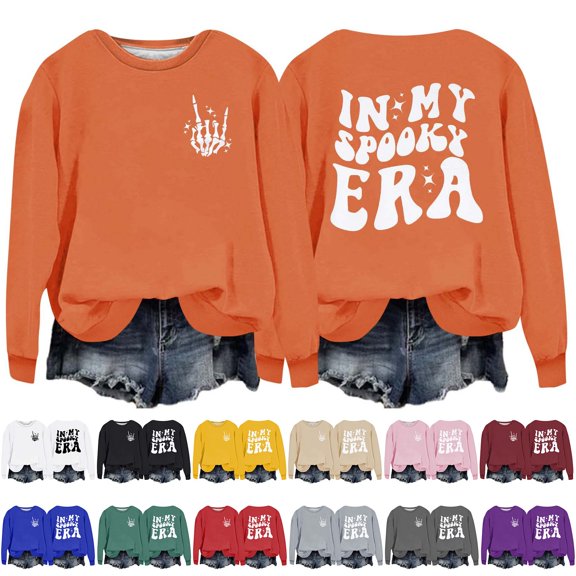 YVNAURA Women's Oversized Halloween Sweatshirt Vintage Spooky Season Pullover Crewneck Long Sleeve Graphic Print Loose Fit Fall Casual Tops for Party Daily Wear 1 Pack, Orange,L