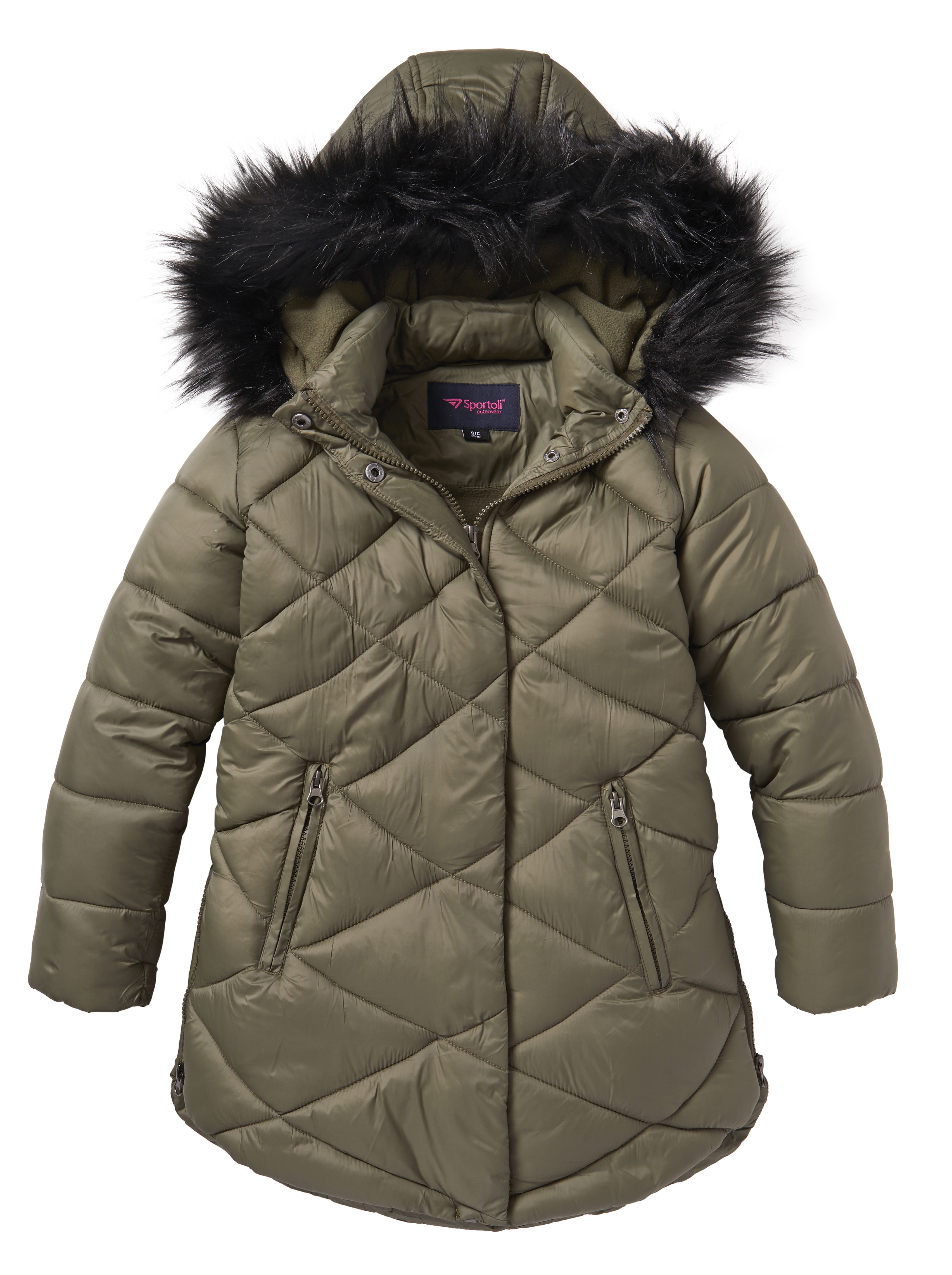 Girls Quilted Fleece Lined Winter Puffer Jacket Coat Faux Fur Trim Zip-Off Hood
