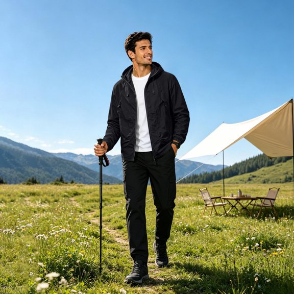 Hooded Rain Jackets Men Lightweight Zip Up Windbreaker Outdoor Hiking Jacket with Pockets L