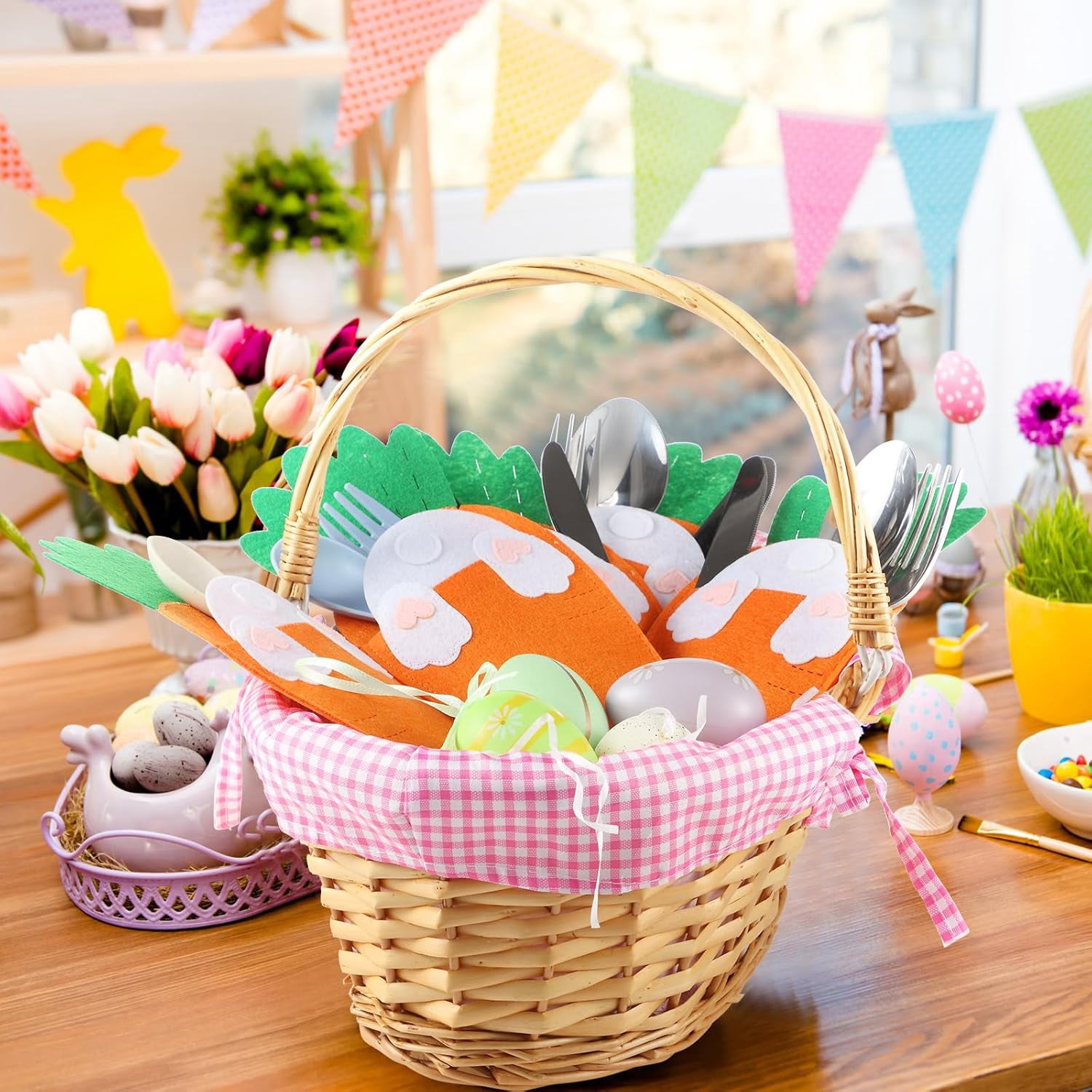12 Pcs Easter Carrot Utensil Cutlery Holders Bag Felt Bunny Fork Cutter Pouches Silverware Pocket Bag for Easter Home Spring Party Table Decoration Knife Forks Organizer