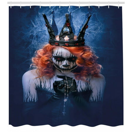 Queen Shower Curtain, Queen of Death Scary Body Art Halloween Evil Face Bizarre Make Up Zombie, Fabric Bathroom Set with Hooks, Navy Blue Orange Black, by Ambesonne