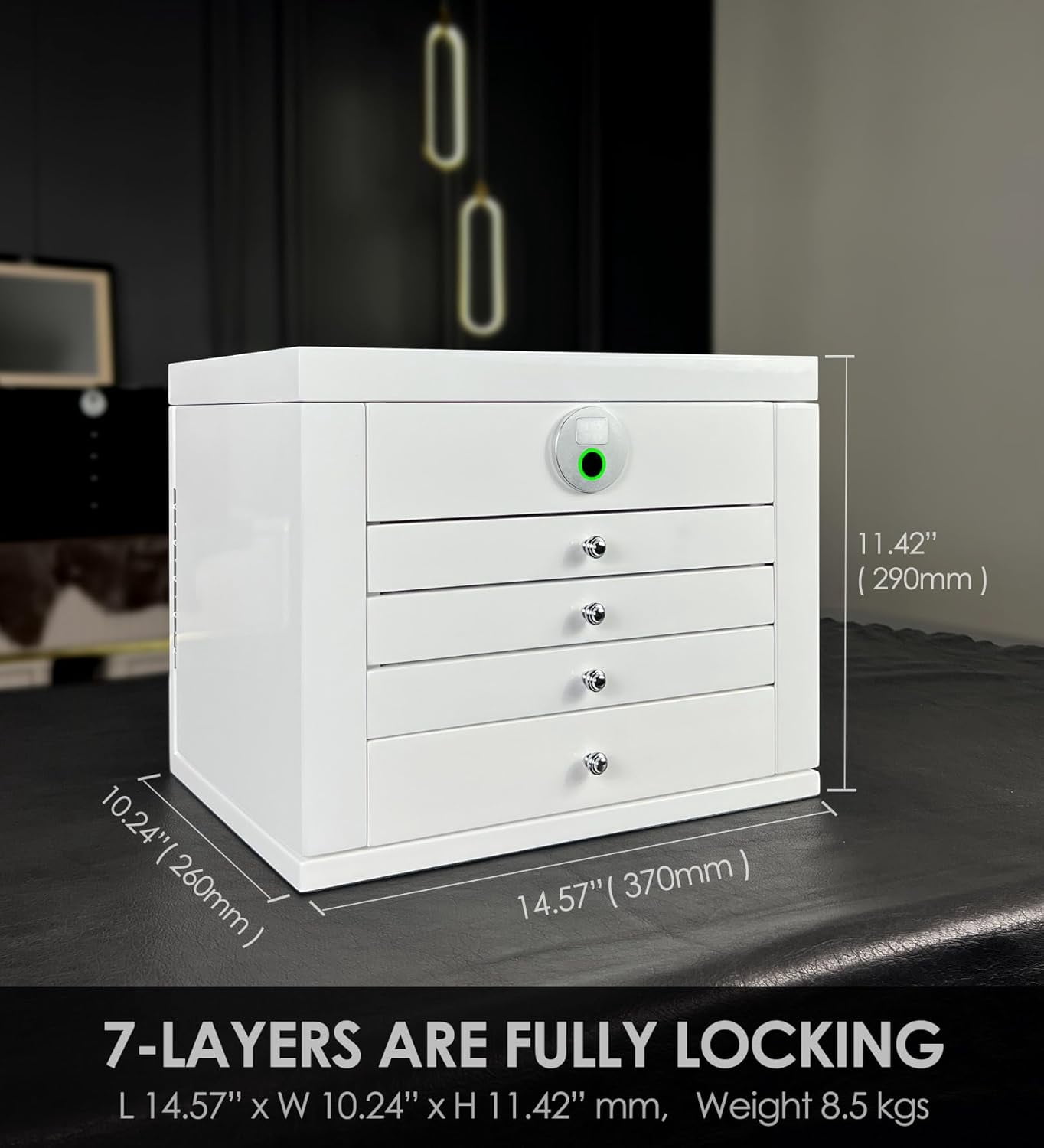 Smart Jewelry Box with Fingerprint Lock, 3-Layer Large Wood Jewelry Organizer for Women, Rosewood Piano Finish Storage Chest with Drawers