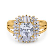 Yellow Tone, Simulated Cubic Zirconia Size-9 Cushion Cut Art Deco Wedding Engagement Bridal Ring Baguette Ring 925 Sterling Silver