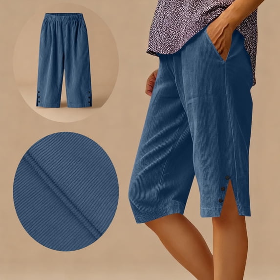 QQAMB Womens Bermuda Shorts Knee Length Dressy Causal Elastic Waist Buttons Linen Shorts with Pockets Summer Beach Outfits Blue S
