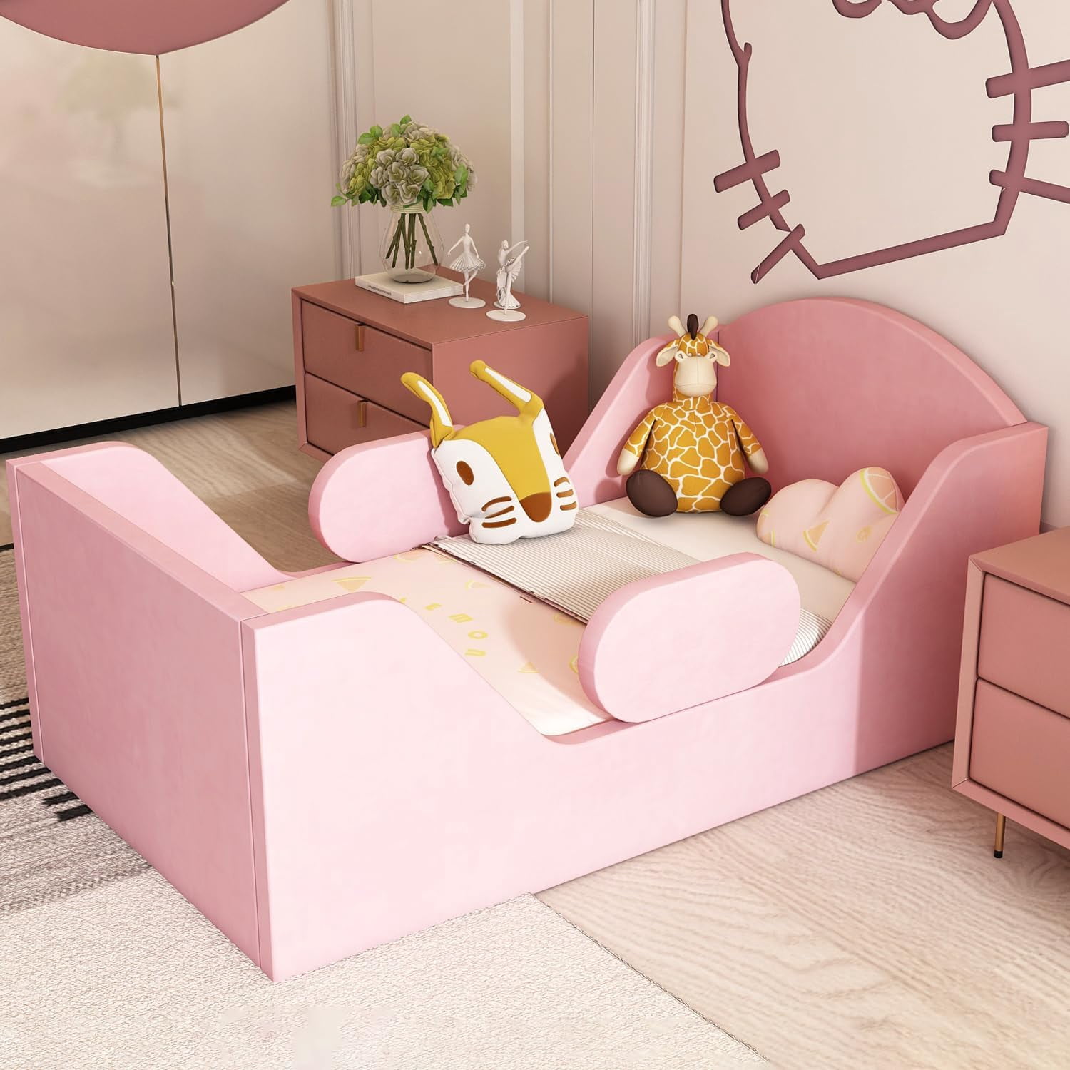 Weeonekids Toddler Bed Round, Toddler Bed with Rail and Round headboard, Standard Crib Size Toddler Upholstered Bed for Children 18 Months to 6 Years,Toddler Floor Bed (No Mattress)