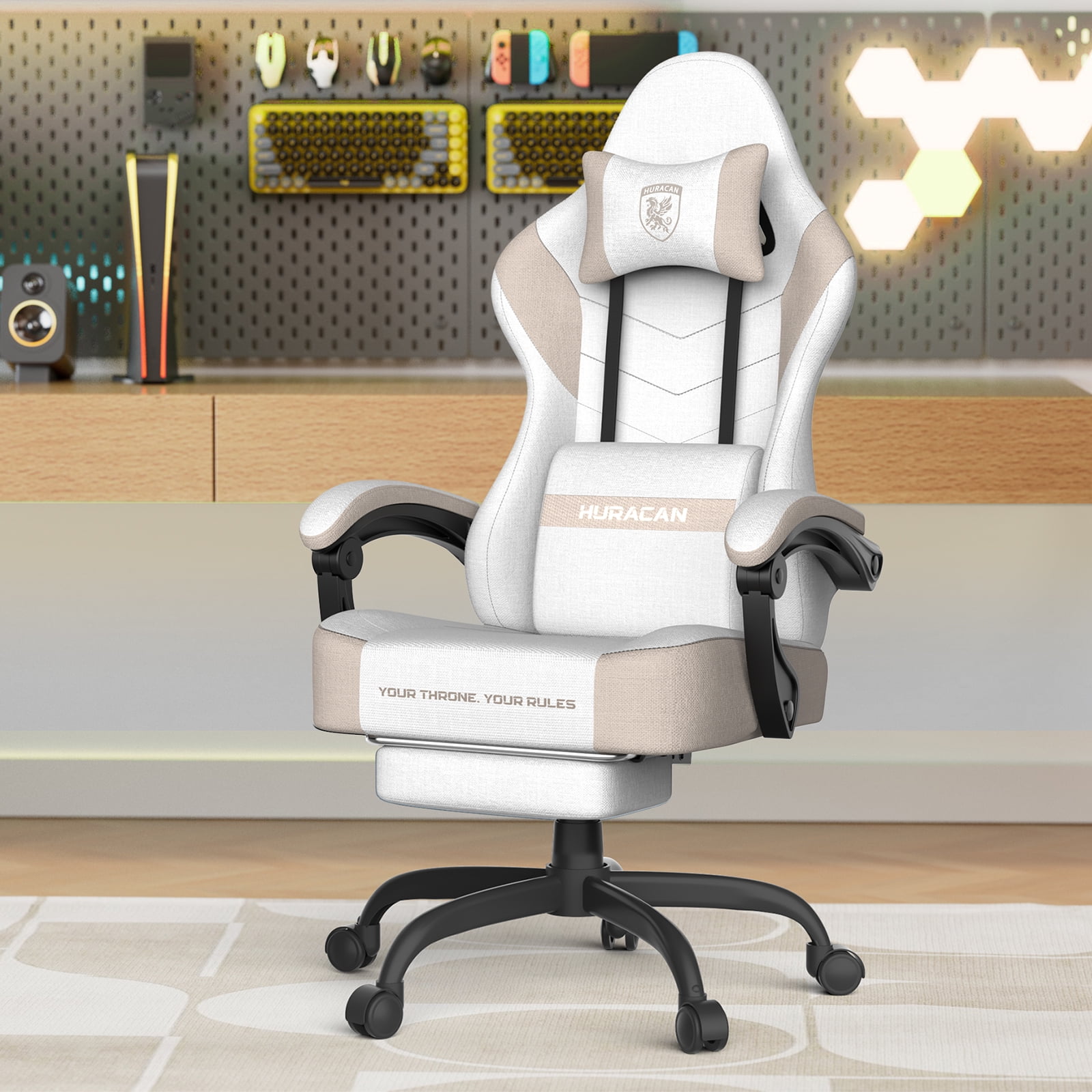SOONTRANS Gaming Chair for Adults, Ergonomic Linen Fabric Computer Chair with Massage Lumbar Pillow, Gamer Game Chair with Adjustable Headrest, Comfortable Office Chair for Home, Beige and Coffee