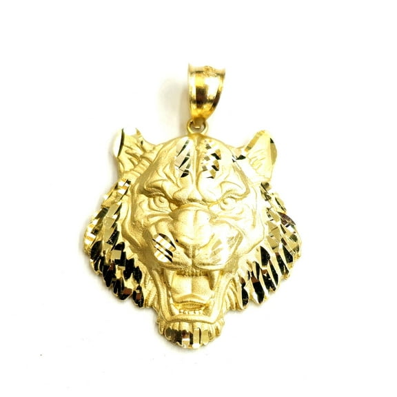 14k yellow solid gold tiger male head face Pendant diamond cut fine jewelry 5.8g