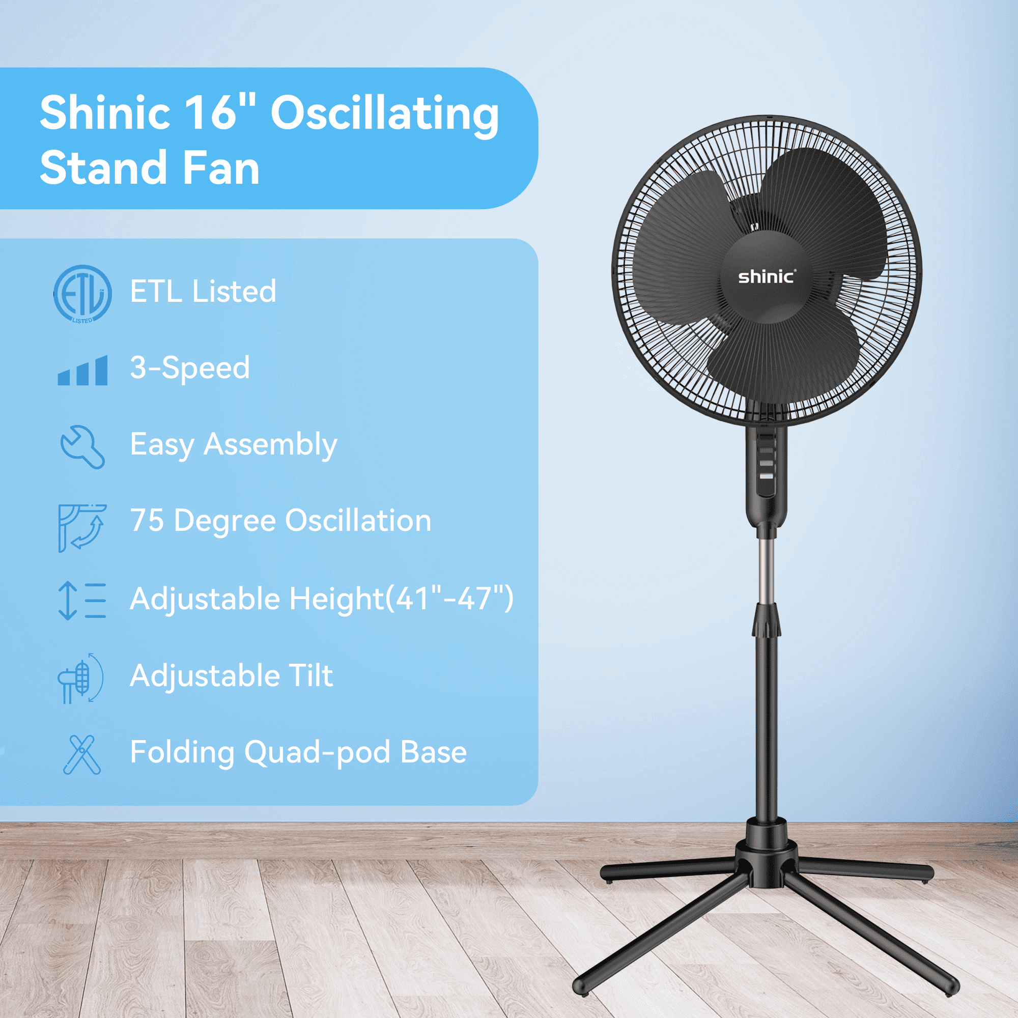 Shinic 16" 3-Speed Oscillating Pedestal Fan with Folding Base, Adjustable Height and Tilt,41"- 47", Black