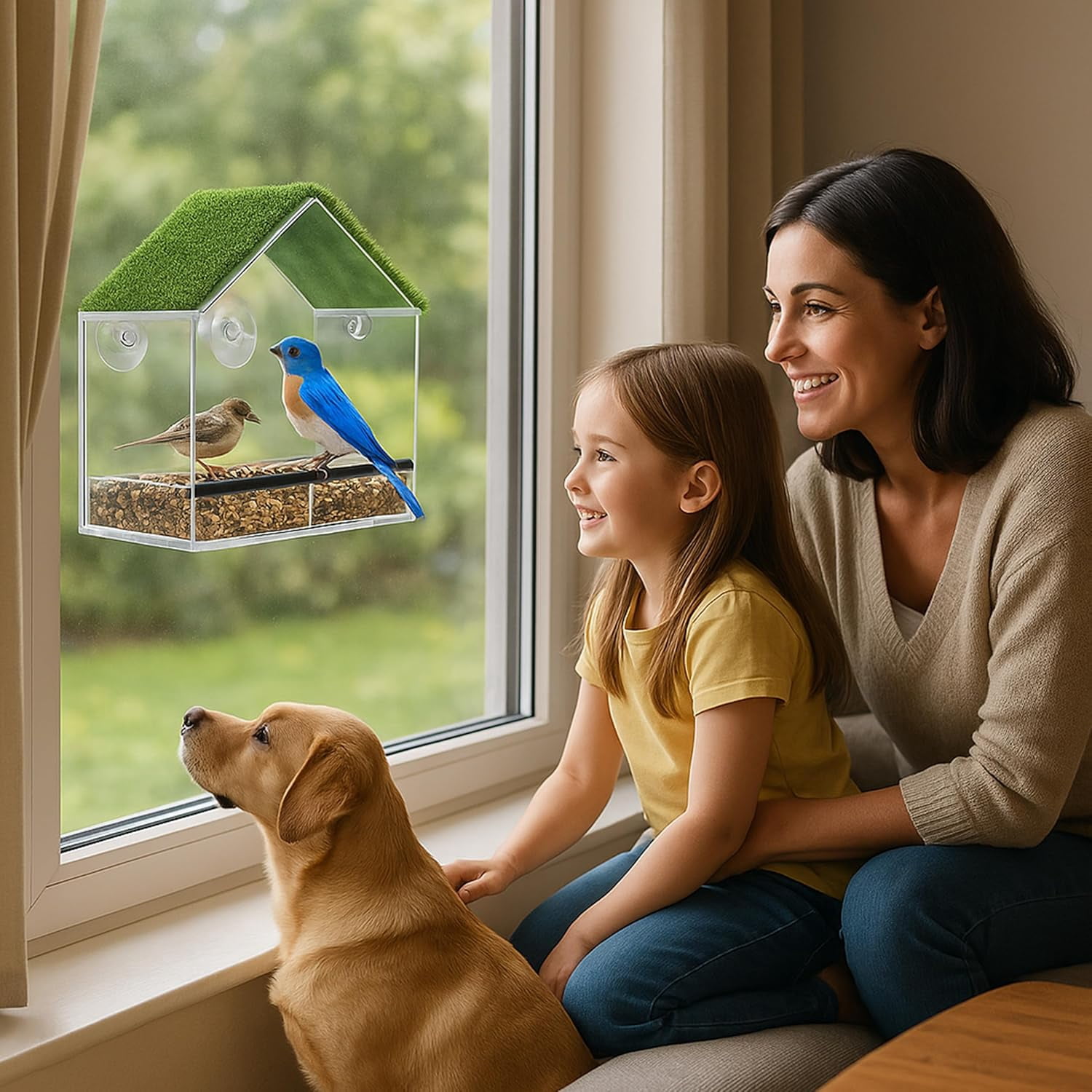KNUTI Window House Bird Feeder with Strong Suction Cups and Detachable Seed Tray Large Bird Watching Transparent Bird Feeder for Outside