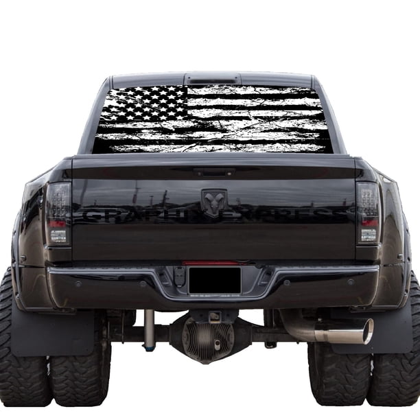 Graphix Express Gráficos Para Ventana Trasera De Camión – Adhesivo De Bandera Americana En Blanco Y Negro (P531 – Bandera Patriótica De Estados Unidos – Vinilo Universal Transparente Para Ventana Tras