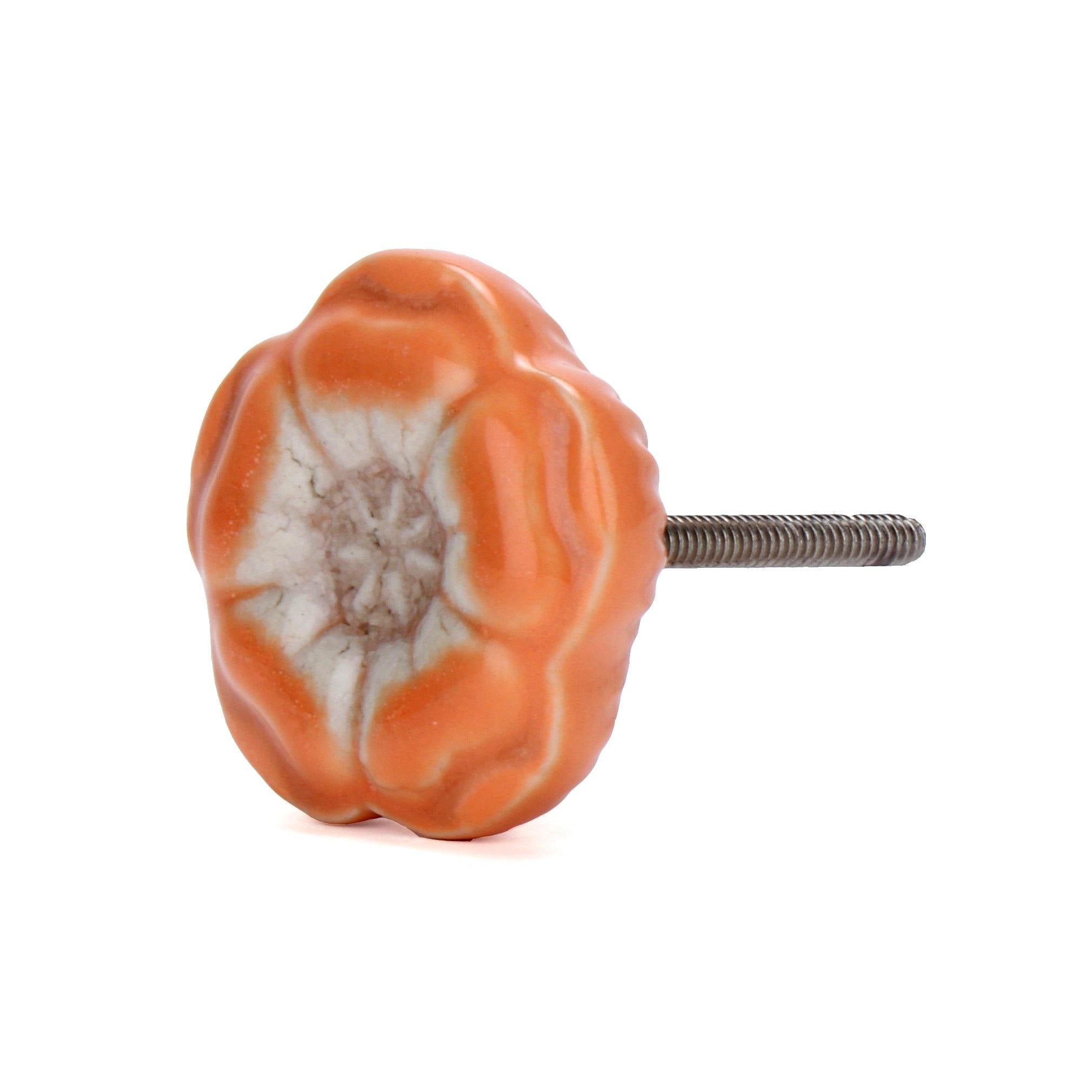 Set Of 6 Azalea Orange Ceramic Flower Shape Cabinet Knobs
