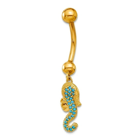 14k Solid Yellow Gold 14 Gauge Polished Blue Cubic Zirconia Seahorse Dangle Navel Belly Ring 37mm Long Body Piercing Rin