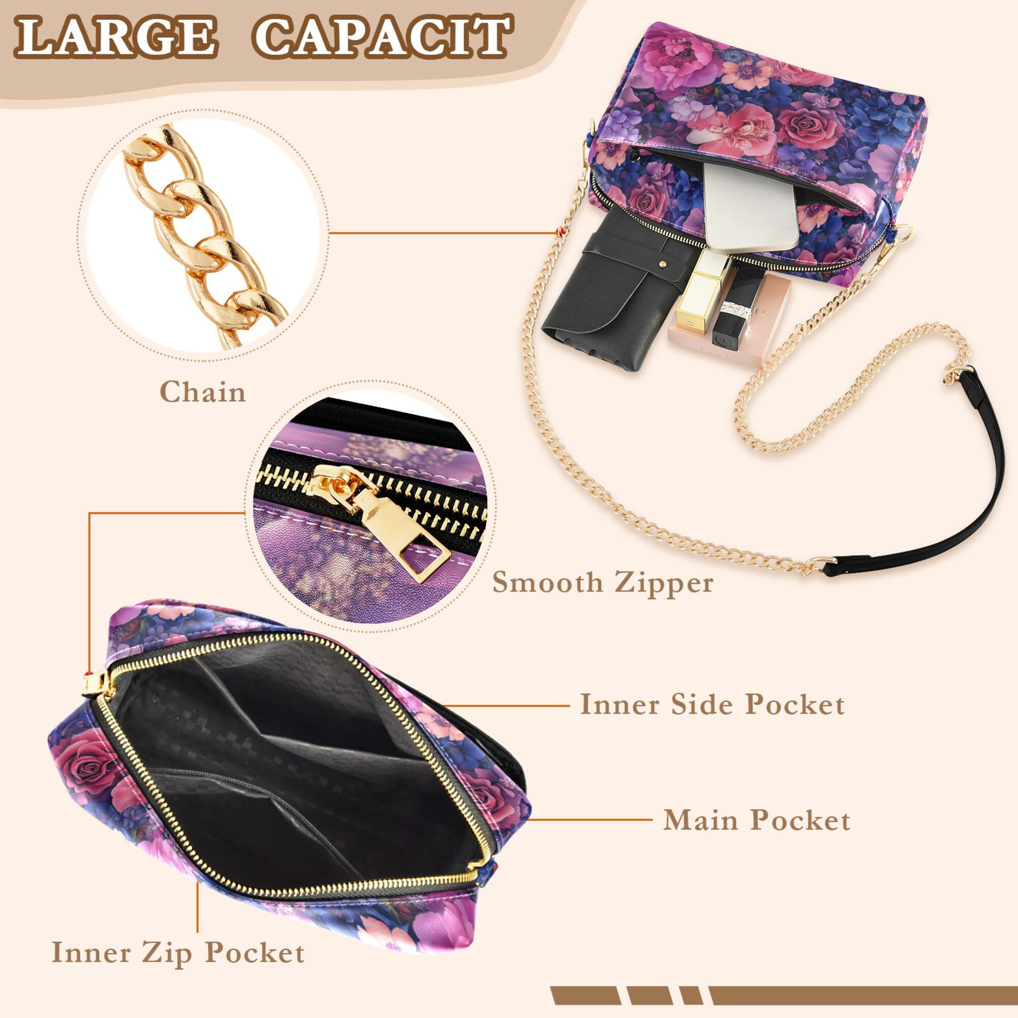 FORMRS Women Crossbody Purse with Chain Strap Vegan Leather Shoulder Handbag, Vibrant Art Flowers