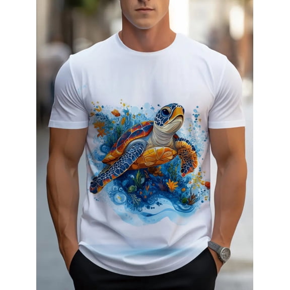 Men's adult short-sleeved T-shirt, suitable for home wear, displaying vivid turtle patterns, made of soft materials, comfortable and durable, suitable for casual wear