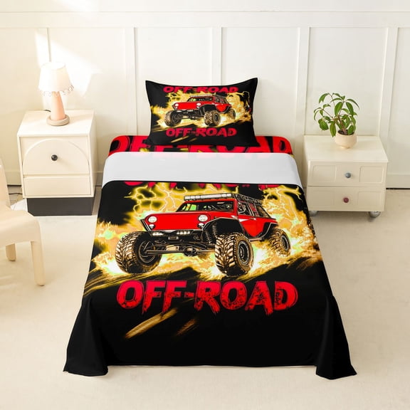 Castle Fairy Neon Off-Road Truck Twin Sheet Sets 3pcs for Kids, Lightning Flame Design Bedding for Bedroom, Red Orange