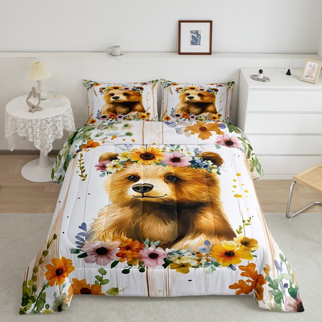Erosebridal Rustic Bear Bedding ToddlerComforter Set, Kawaii Wildlife Down Comforter, Cartoon Flower Decor, Reversible 2pcs