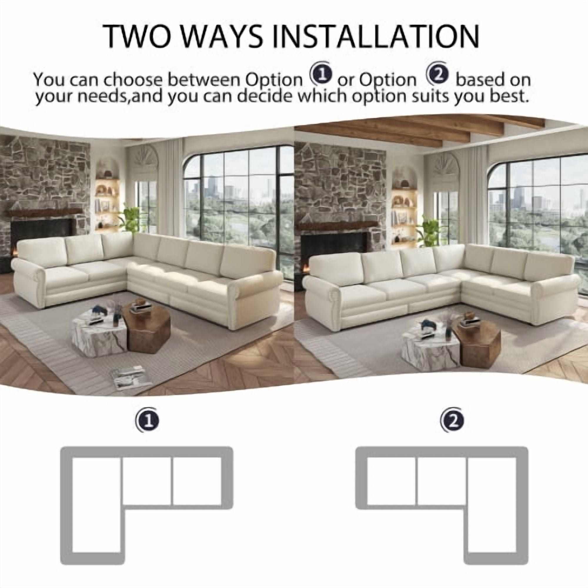 118" L-Shaped Sectional Sleeper Sofa with King Size Pull-Out Bed, Chenille Upholstered, Nailhead Trim & Rolled Arms, Beige