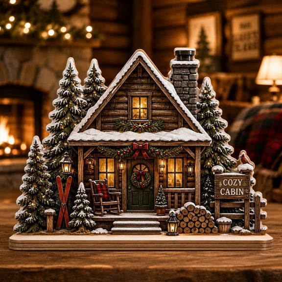 Christmas Village Wooden Block Decor Cozy Cabin Wooden Tabletop Display for Rustic Holiday Homes