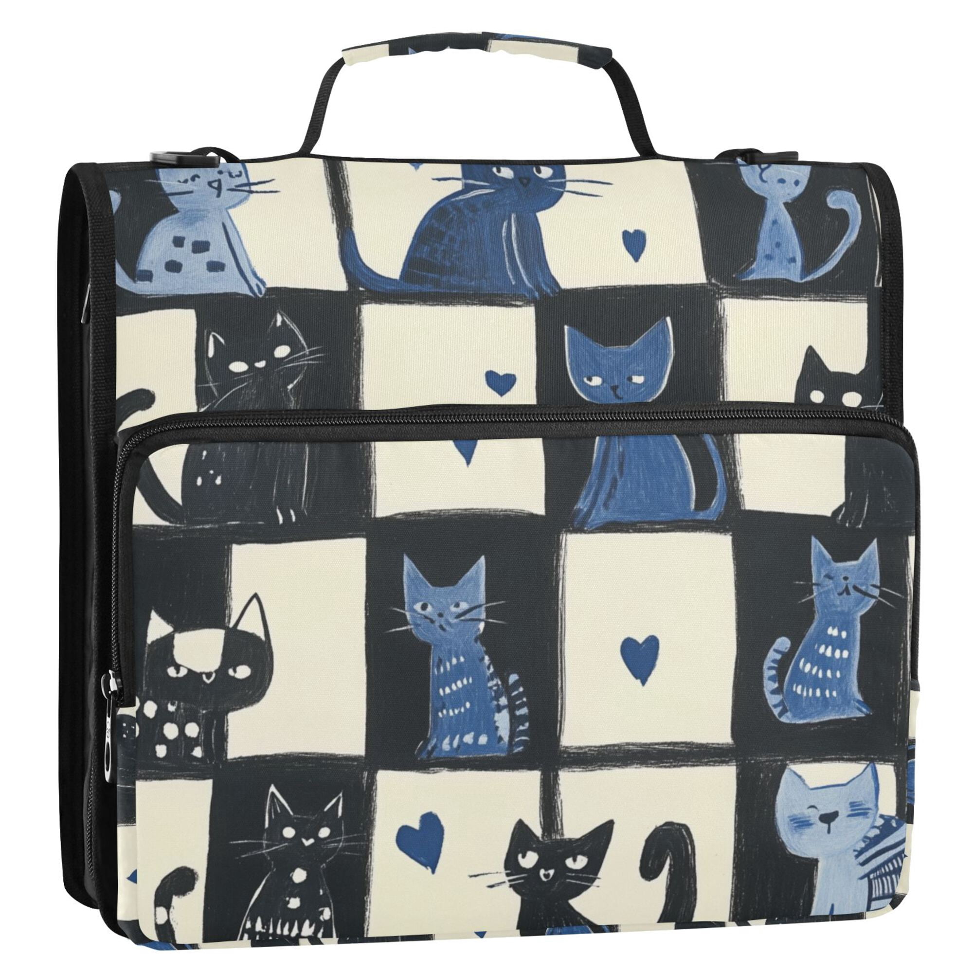 FORMRS Zipper Binder with Shoulder Strap 2-inch Ring 500 Sheet Capacity File Bag, Black and Blue Cat
