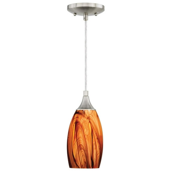 Mini Pendant Light - Satin Nickel Ceiling Light with Amber Fire Glass Shade