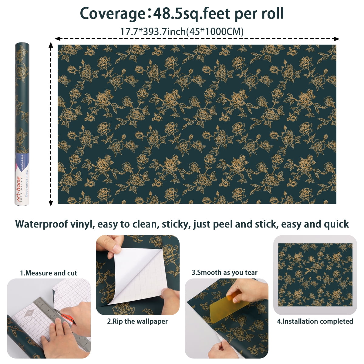 Arthome Peel and Stick Wallpaper，17"×393" Self Adhesive Floral Contact Paper Blue Gold Flower Vintage Vinyl Wall Paper Removable Decorative Film for Room and Furniture Decoration