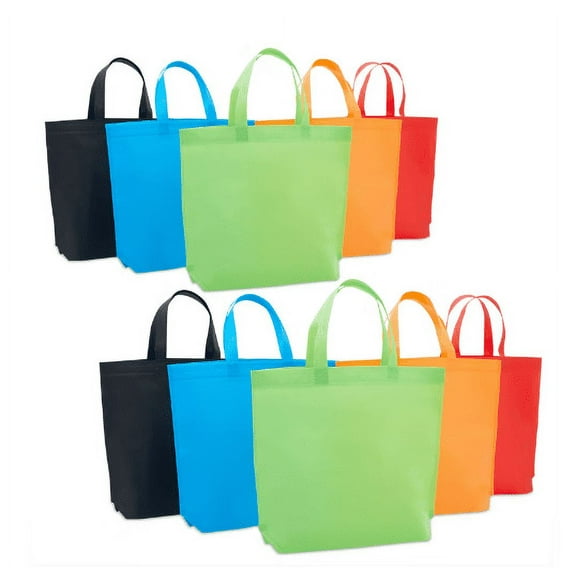 10 Pieces 15 x 12.5 in Non-Woven Small Party Bags, Gift Bags, Reusable Candy Goodie Bags, DIY Craft Bags, Glossy Tote Bags for Birthday, Holiday, Event, 5 Colors