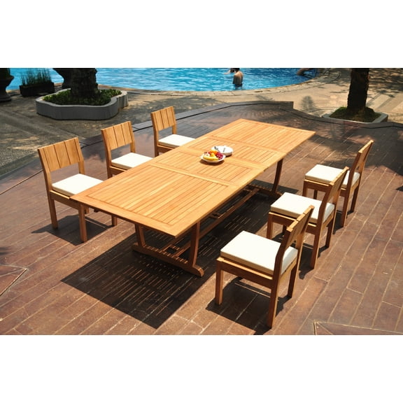 Grade-A Teak Dining Set: 6 Seater 7 Pc: 118" Double Extension Mas Rectangle Trestle Leg Table And 6 Veranda Armless Chairs WholesaleTeak #WMVR88