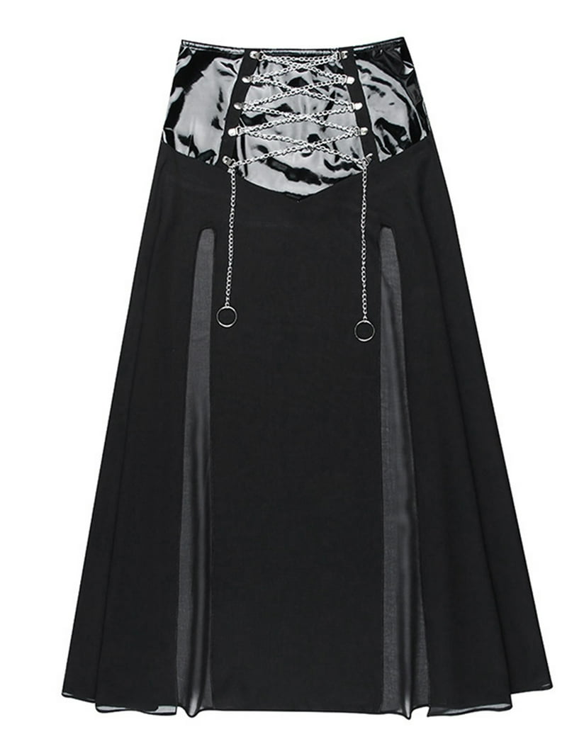 Inevnen Goth Double Slit Maxi Skirt for Women Punk Black See