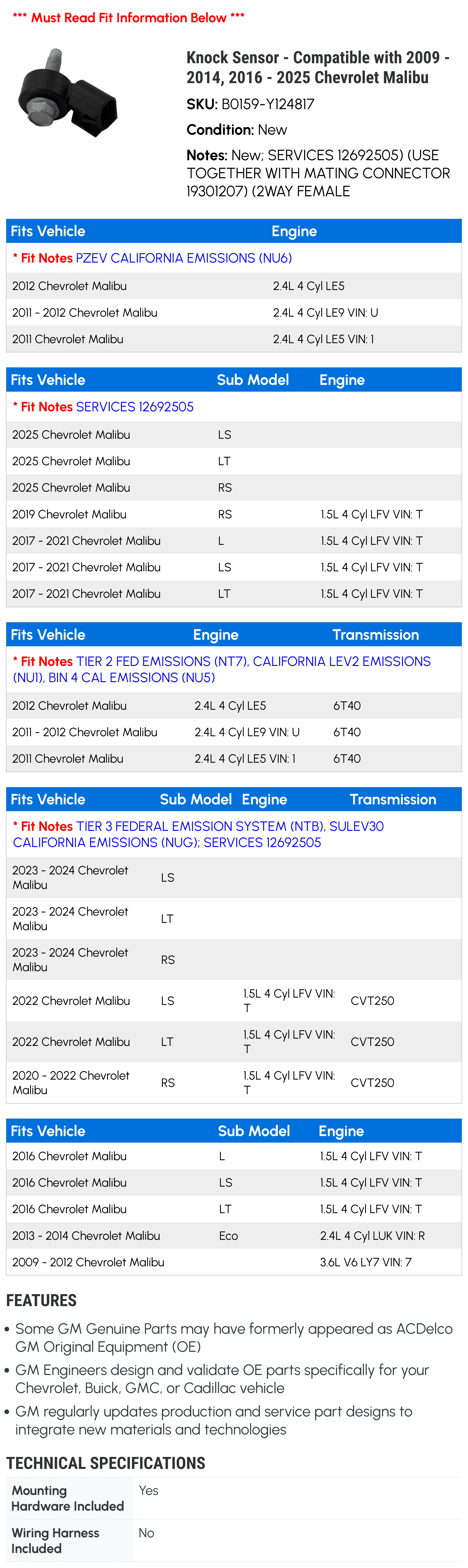 Knock Sensor - Compatible with 2009 - 2014, 2016 - 2025 Chevrolet Malibu - AC Delco