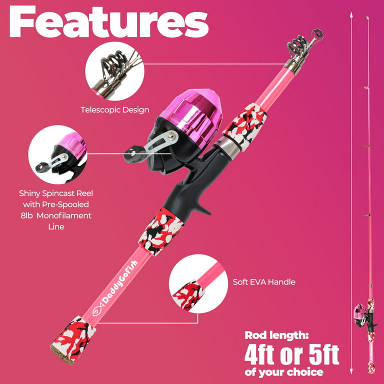 Ladies Telescopic Fishing Rod and Reel Combos,Spinning Fishing Pole Pink