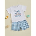 thumbnail image 4 of Baby Toddler Boy Easter Outfit Sets, 3 6 12 18 24 Months 2T 3T Short Sleeve Embroidery Rabbit T-shirt with Plaid Shorts 2-piece Clothing Set, 4 of 8